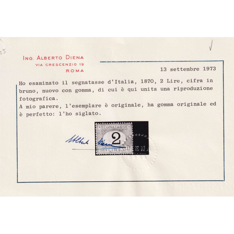 REGNO 1870-74 SEGNATASSE 2 LIRE N.12 G.O MLH* CENTRATO CERT.  | Fil...
