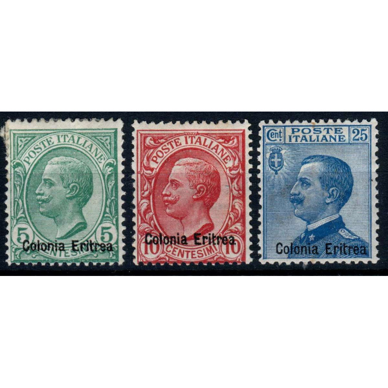 COLONIE 1908-09 ERITREA FRANCOBOLLI D' ITALIA SOPRASTAMPATI 3 V. S....