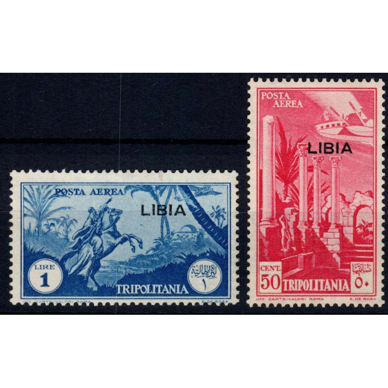 COLONIE 1937 LIBIA POSTA AEREA SOPRASTAMPATI 2 VALORI S. 51 G.O MH*...