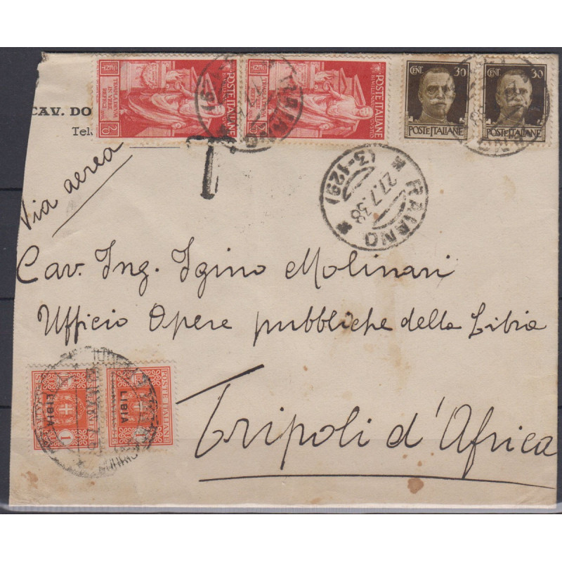 1938 BELLA BUSTA CON COPPIA SEGNATASSE 1 LIRA DI LIBIA N. 20 + COPP...