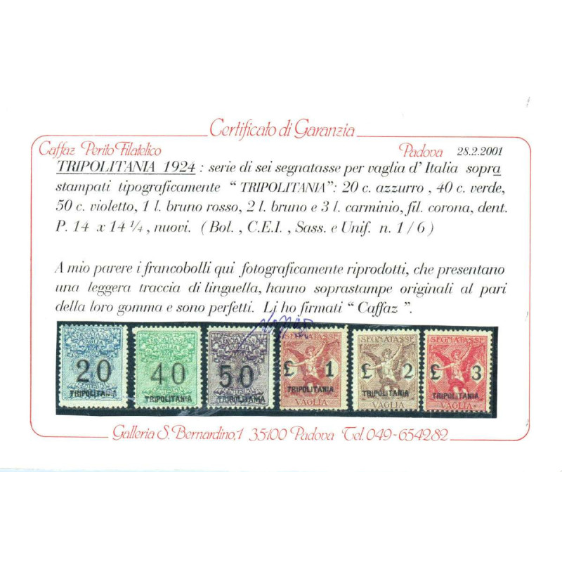 COLONIE 1924 TRIPOLITANIA SEGNATASSE PER VAGLIA 6 V. S. 36 G.O. MH*...