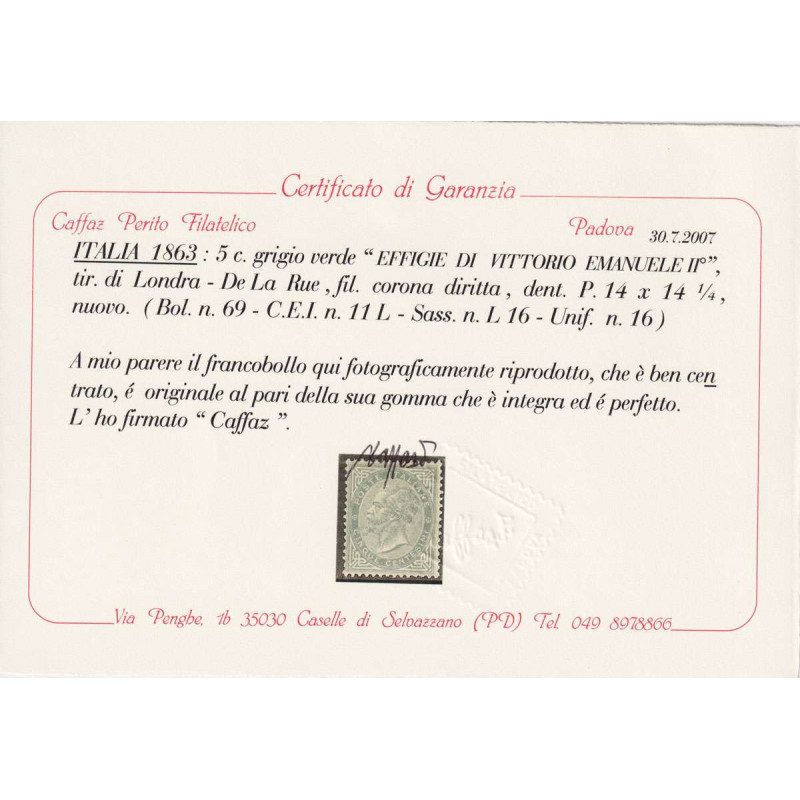 REGNO 1863-65 5 CENTESIMI TIR. LONDRA DE LA RUE N.L16 G.I MNH** CER...