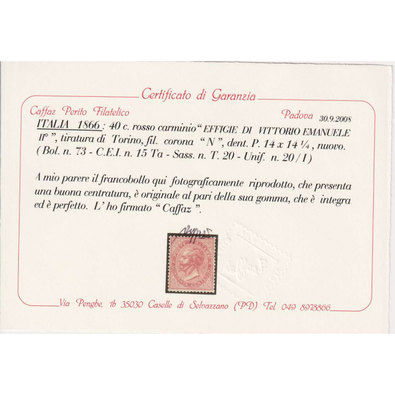 REGNO 1863-65 40 CENTESIMI TIR. TORINO N.T20 G.I MNH** CERT. CENTRA...