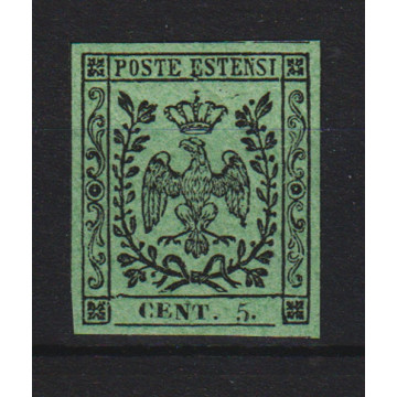 1852 MODENA 5 c. VERDE OLIVA n.8 CON PUNTO CERT. G. BOLAFFI G.I. MN...