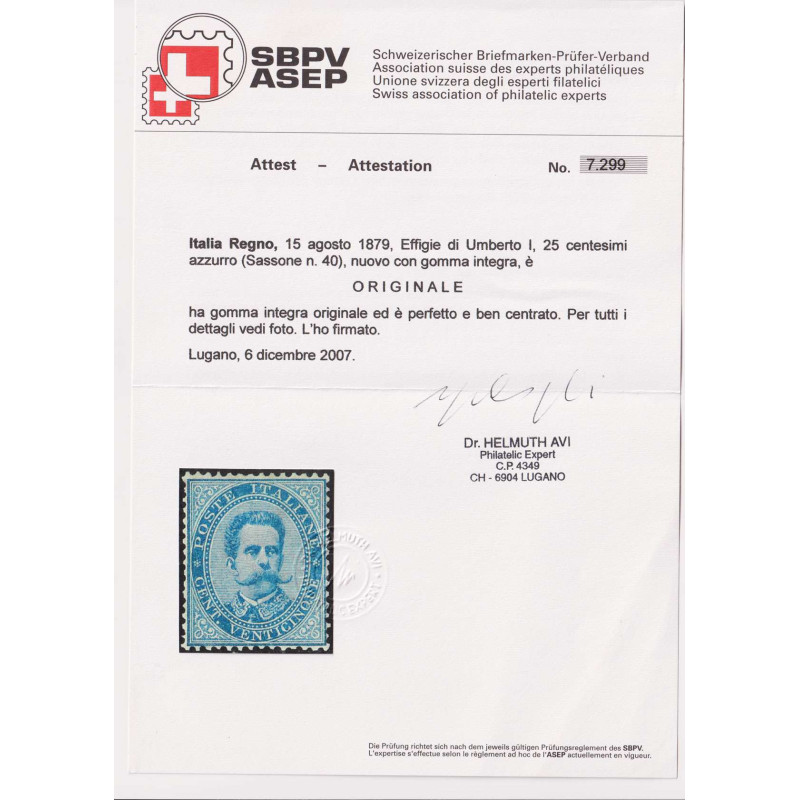 REGNO 1879 UMBERTO I 25 CENTESIMI N.40 G.I MNH** CERT. CENTRATO  | ...