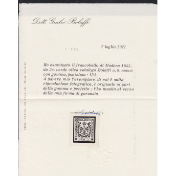 1852 MODENA 5 c. VERDE OLIVA n.8 CON PUNTO CERT. G. BOLAFFI G.I. MN...