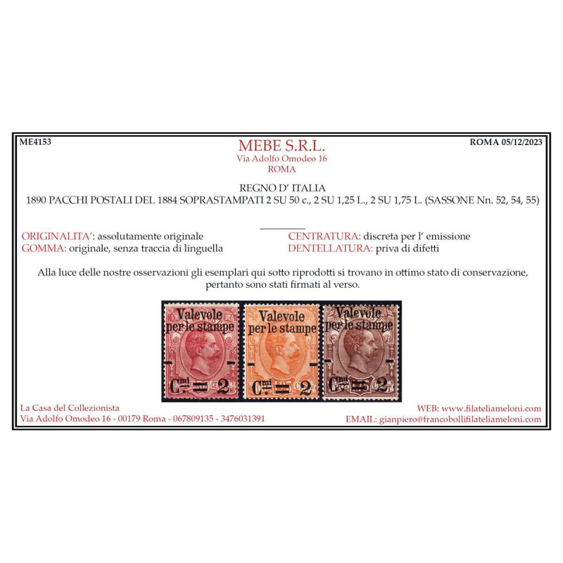 REGNO 1890 PACCHI SOPR. VALEVOLE PER LE STAMPE 6 V. G.I MNH** CERT....