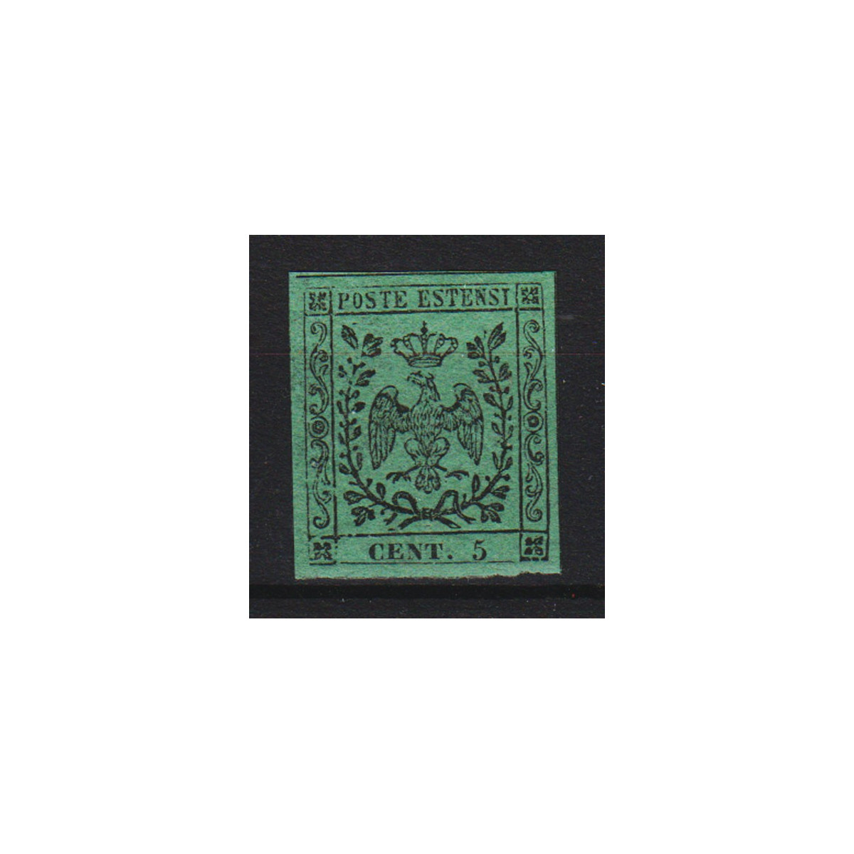 1852 MODENA 5 c. VERDE n.1 CERT. G. BOLAFFI LIEVE T.L. MLH* | Fila... 1852 MODENA 5 c. VERDE n.1 CERT. G. BOLAFFI LIEVE T.L. MLH* | Fila...