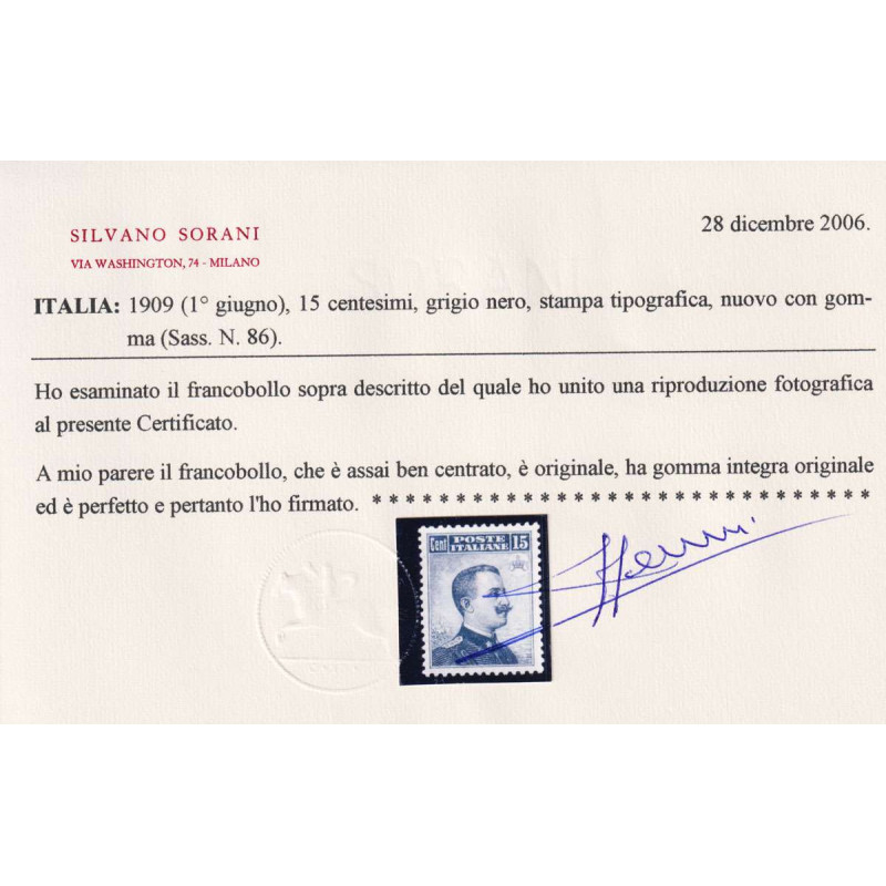 REGNO 1905 MICHETTI 15 CENTESIMI N.80 G.I MNH** CERT. CENTRATO  | F...