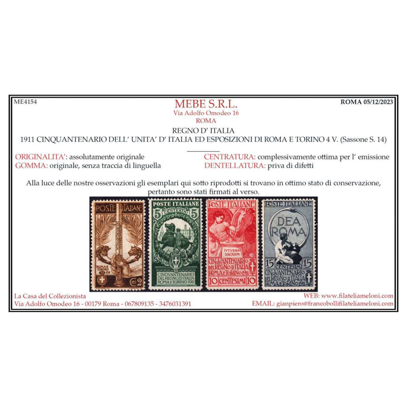 REGNO 1911 UNITA' D'ITALIA 4 VALORI G.I MNH** CENTRATI CERT.  | Fil...