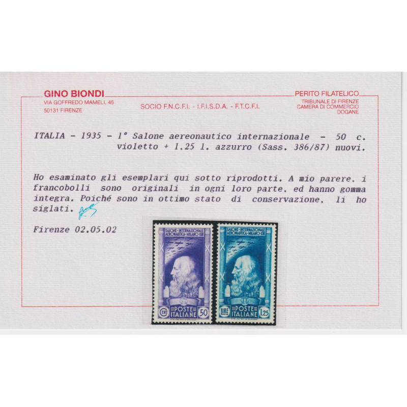 REGNO 1935 SALONE AEREONAUTICO 4 V. G.I MNH** CERT.  | Filatelia Me...