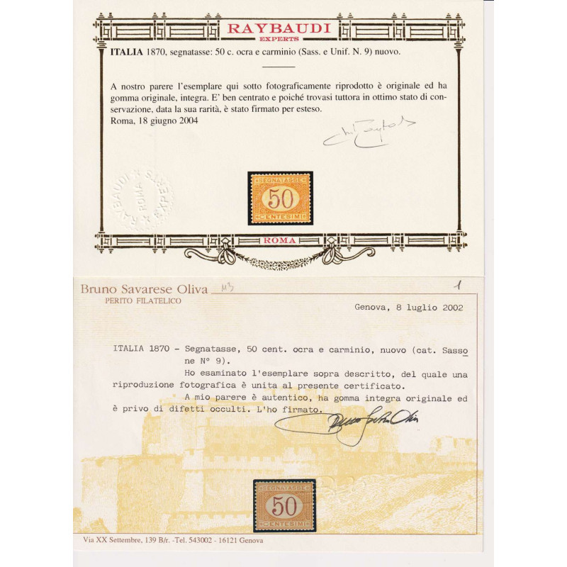 REGNO 1870-74 SEGNATASSE 50 CENTESIMI N.9 G.I MNH** CENTRATO CERT. ...