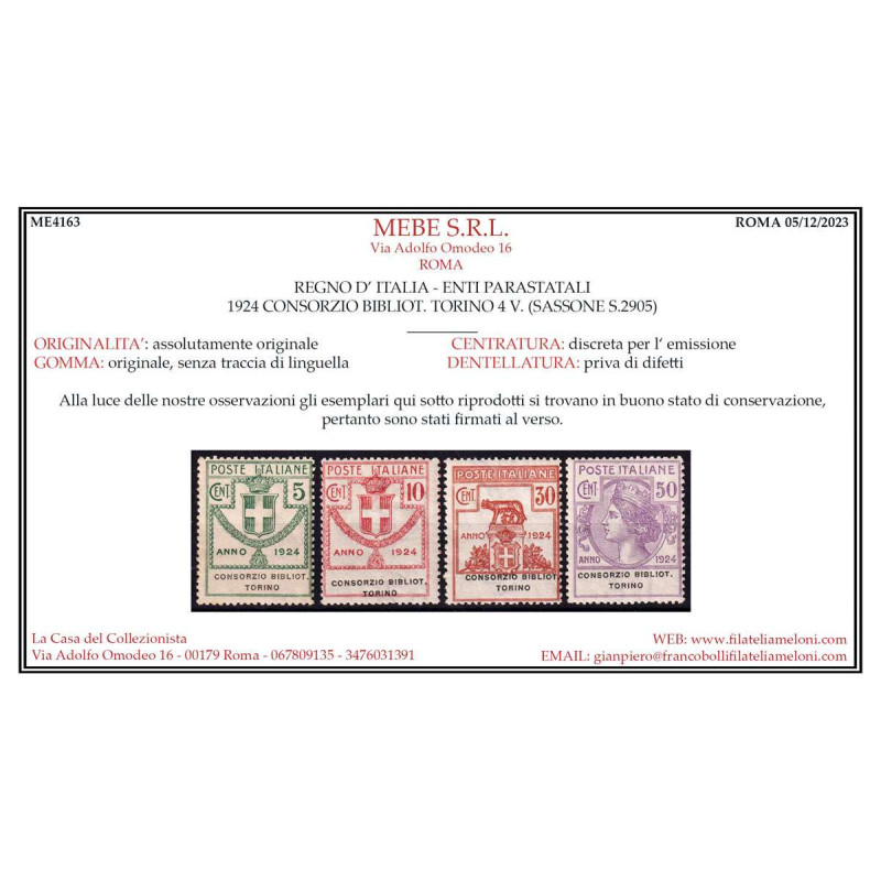 REGNO 1924 PARASTATALI CONSORZIO BIBLIOTECHE TORINO 4 V. G.I MNH** ...