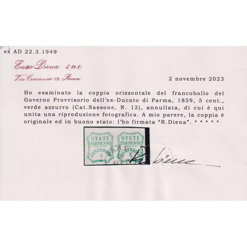 PARMA 1859 COPPIA 5 CENTESIMI VERDE AZZURRO N.12 USATA CERT.  | Fil...
