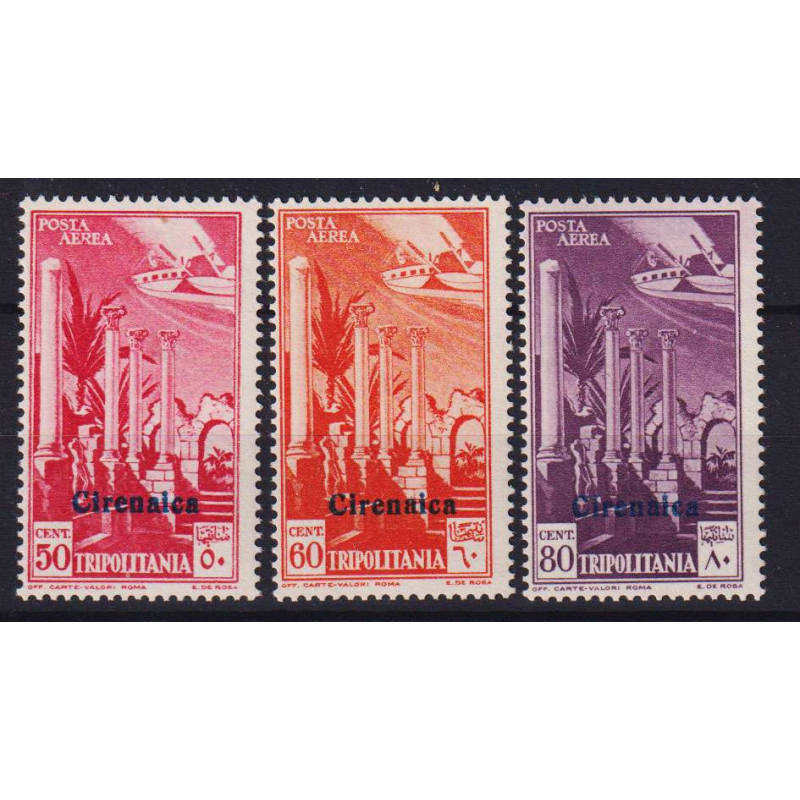 COLONIE CIRENAICA 1932 POSTA AEREA 3 VALORI SOPRASTAMPATI 3 V. G.O ...
