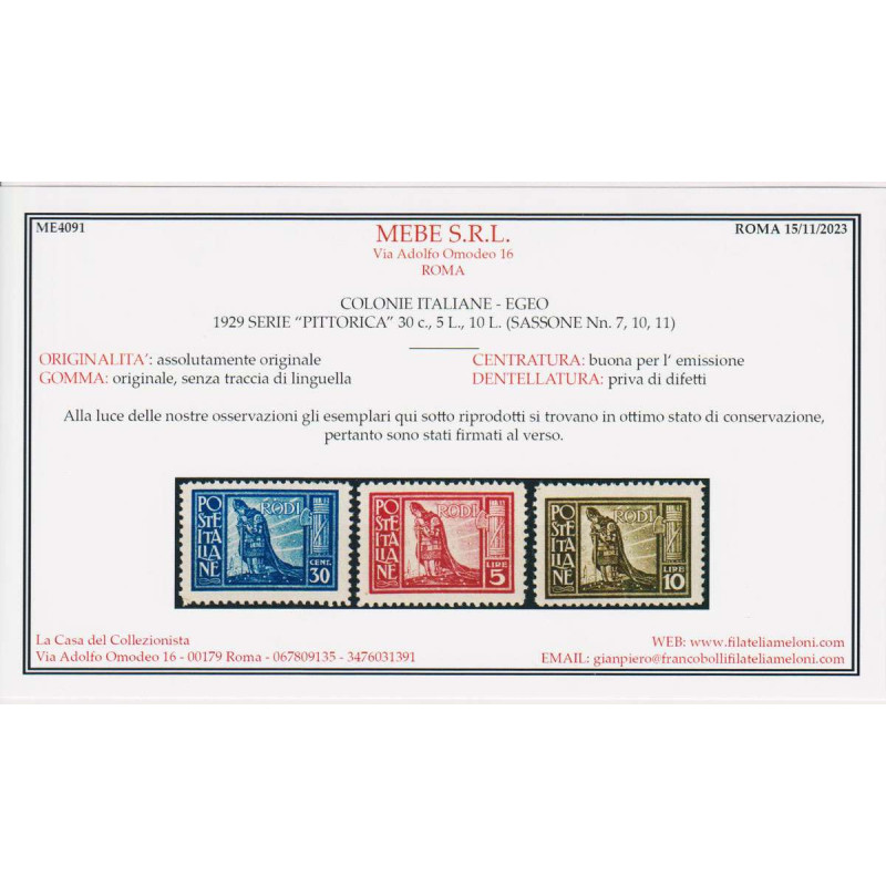 COLONIE EGEO 1929 PITTORICA DENT.11 9 VALORI G.I MNH** CERT.  | Fil...