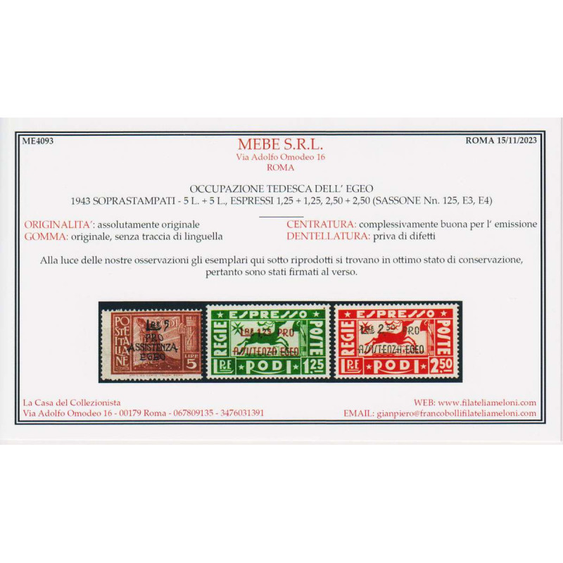 OCCUPAZIONE TEDESCA EGEO 1943 PRO ASSISTENZA 10 V. G.I MNH** CERT. ...