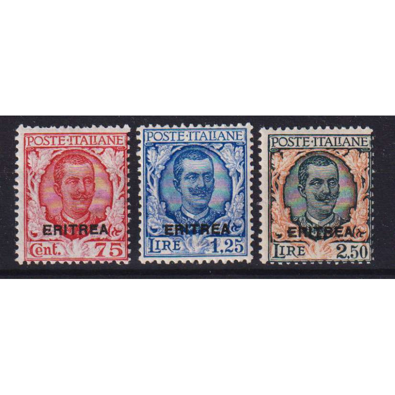 COLONIE ERITREA 1926 FLOREALE SOPRASTAMPATA 3 V. G.O MH*  | Filatel...