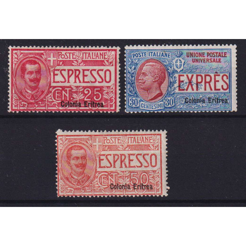 COLONIE ERITREA 1907-21 ESPRESSI D'ITALIA 3 V. G.O MH*  | Filatelia...