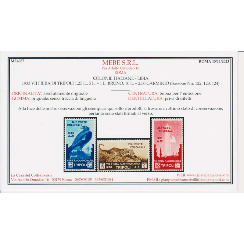 LIBIA 1933 VII FIERA DI TRIPOLI 13 V. G.O MH* ALTI V. E P/A G.I MNH...