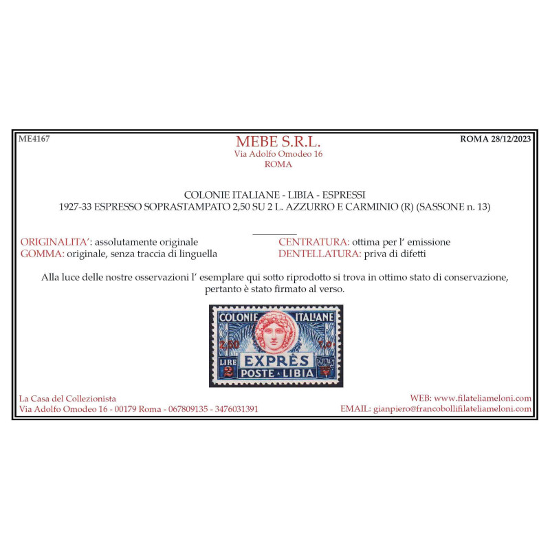 COLONIE LIBIA 1927-33 ESPRESSO 2,50 L. SU 2 LIRE N.13 G.I MNH** CER...