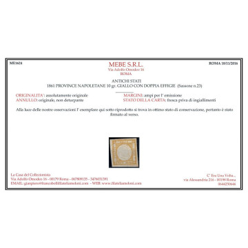 1861 PROVINCE NAPOLETANE 10 gr. GIALLO n.23 DOPPIA EFFIGIE CERT. US...