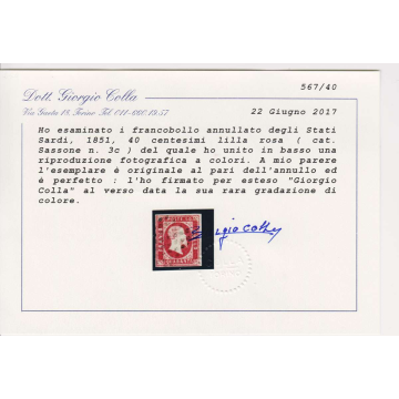SARDEGNA 1851 40 CENTESIMI LILLA ROSA N.3c US. CERTIFICATO GRANDE R...
