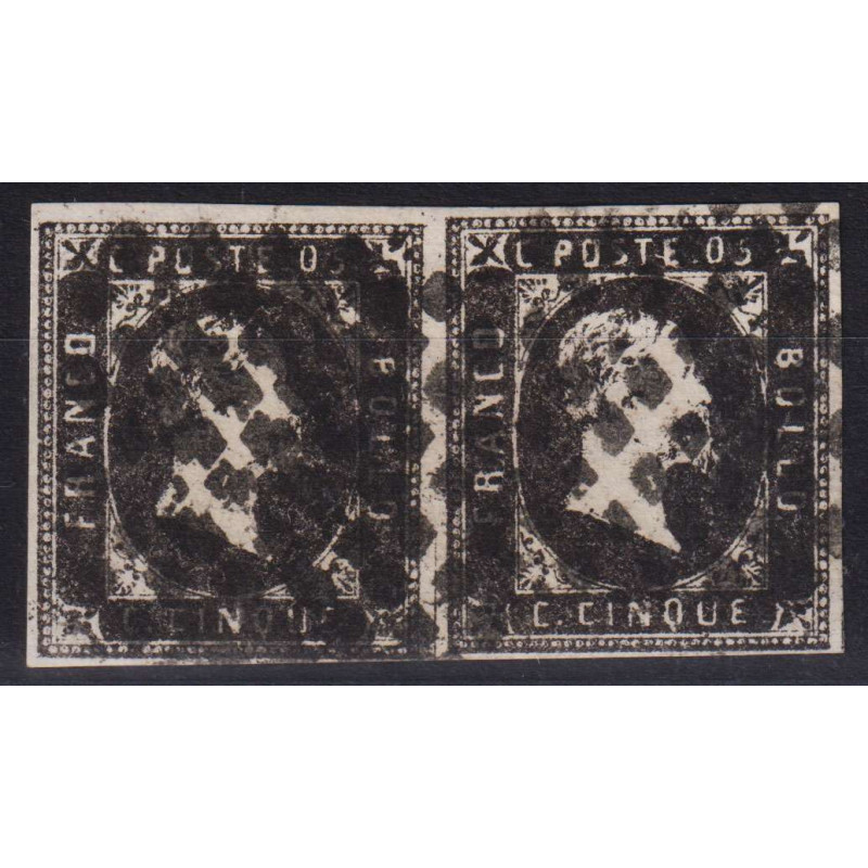 SARDEGNA 1851 COPPIA 5 CENTESIMI N.1 USATA ANNULLO A ROMBI CERT. MA...