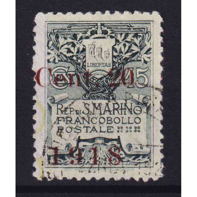 SAN MARINO 1918 STEMMA SOPRASTAMPATO 20 C. SU 15 C. N.53 USATO  | F...