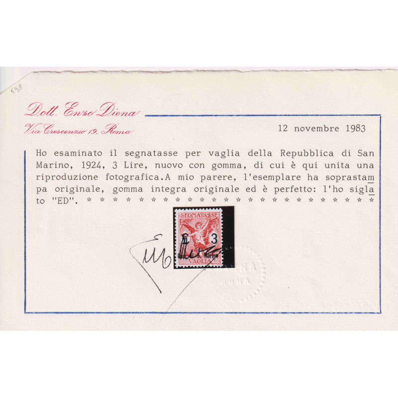 SAN MARINO 1924 SEGNATASSE PER VAGLIA 6 V. G.I MNH** CERT. CENTRATI...
