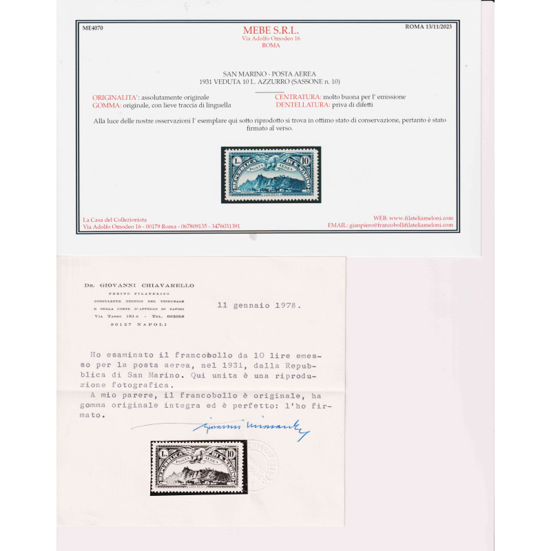 SAN MARINO 1931 POSTA AEREA VEDUTE 10 V. G.I MNH** / G.O MLH* CERT....