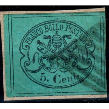 1867 STATO PONTIFICIO 5 c. AZZURRO VERDASTRO n.16 8 FILETTI CERT. S...