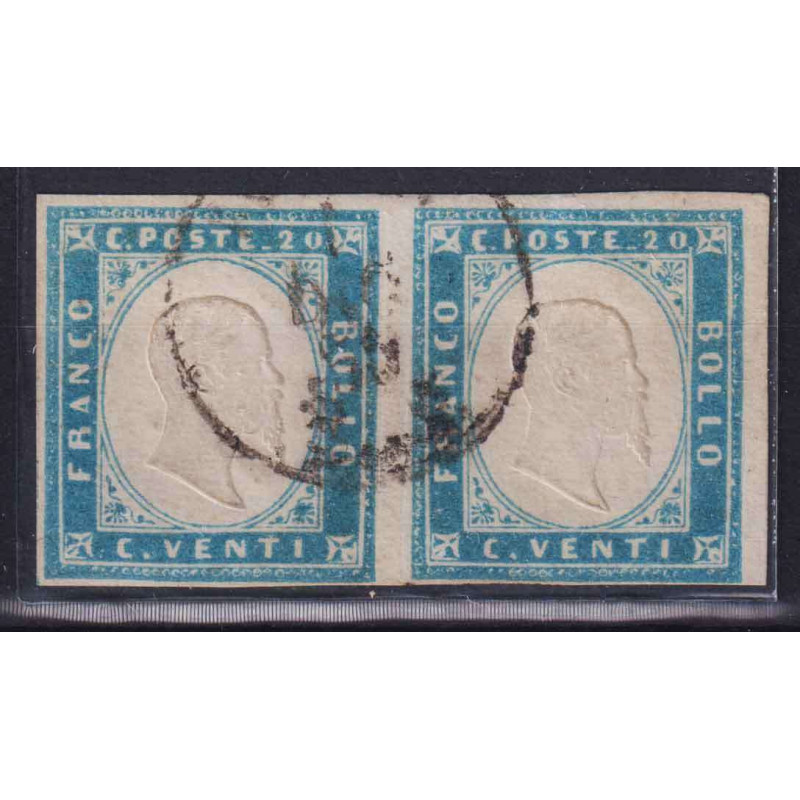 SARDEGNA 1855 COPPIA 20 CENT. COBALTO LATTEO CHIARO N.15c US. CERT....