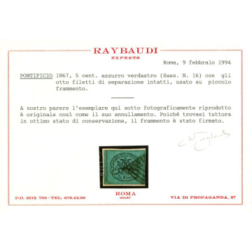 1867 STATO PONTIFICIO 5 c. AZZURRO VERDASTRO n.16 8 FILETTI CERT. S...