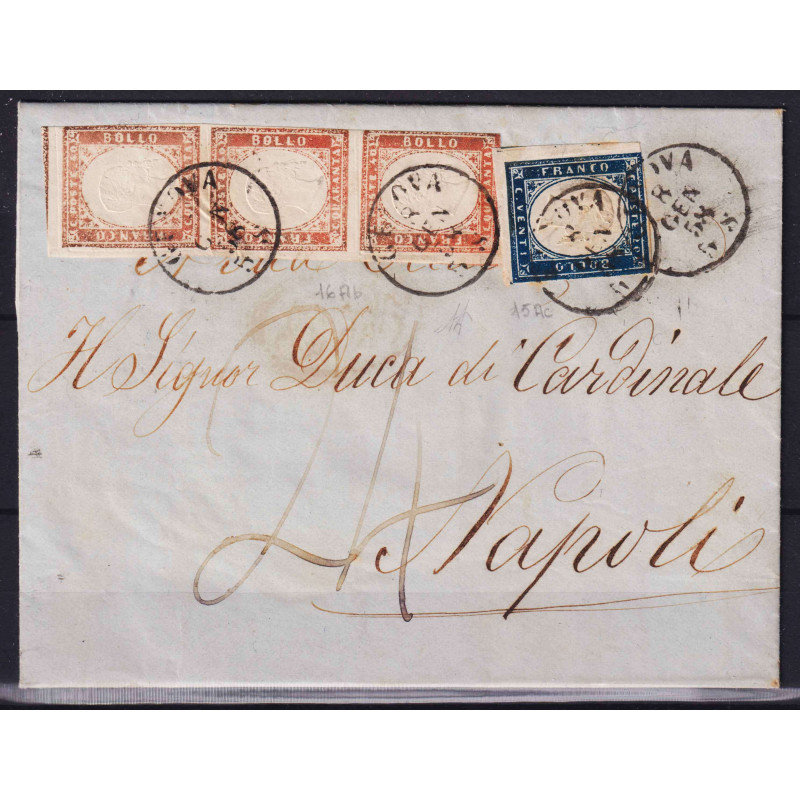 SARDEGNA 1857 20 CENT. STRISCIA 40 CENT. N.15Ac-16Ab USATI SU BUSTA...
