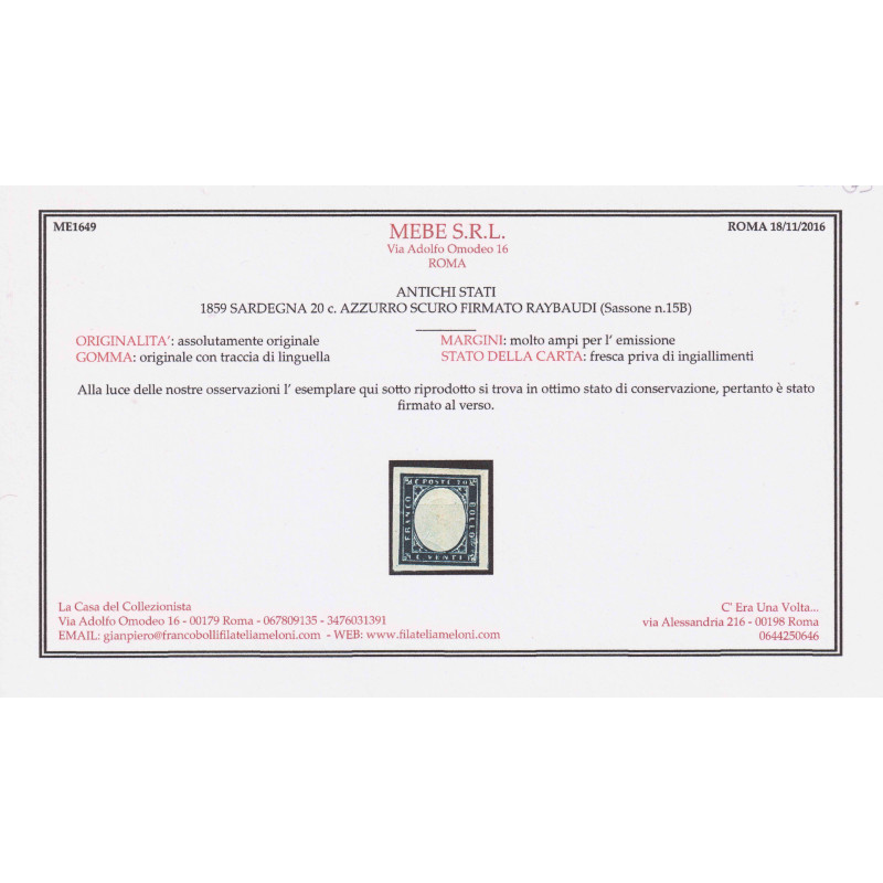 SARDEGNA 1859 20 CENTESIMI AZZURRO SCURO N.15B G.O MH* CERT.  | Fil...