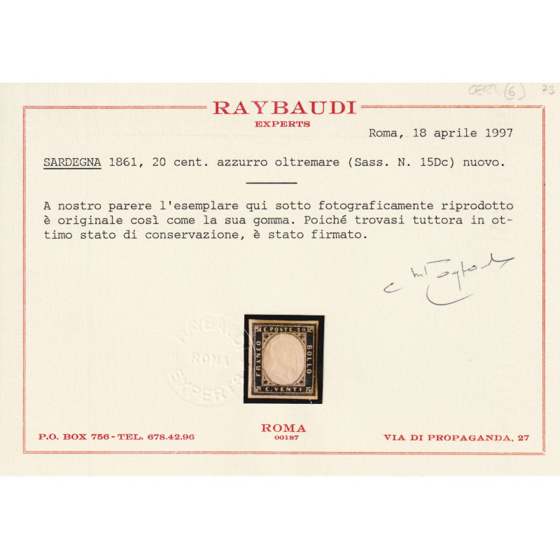 SARDEGNA 1861 20 CENTESIMI AZZURRO OLTREMARE N.15Dc G.O MH* CERT.  ...