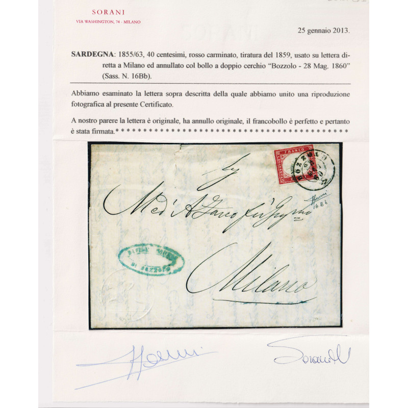 SARDEGNA 1859 40 CENTESIMI ROSSO CARMINATO N.16Bb USATO SU BUSTA CE...
