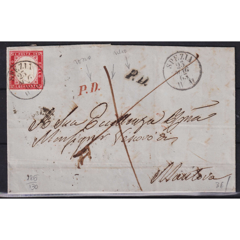 SARDEGNA 1862 40 CENTESIMI ROSA CARMINIO N.16E USATO SU BUSTA  | Fi...