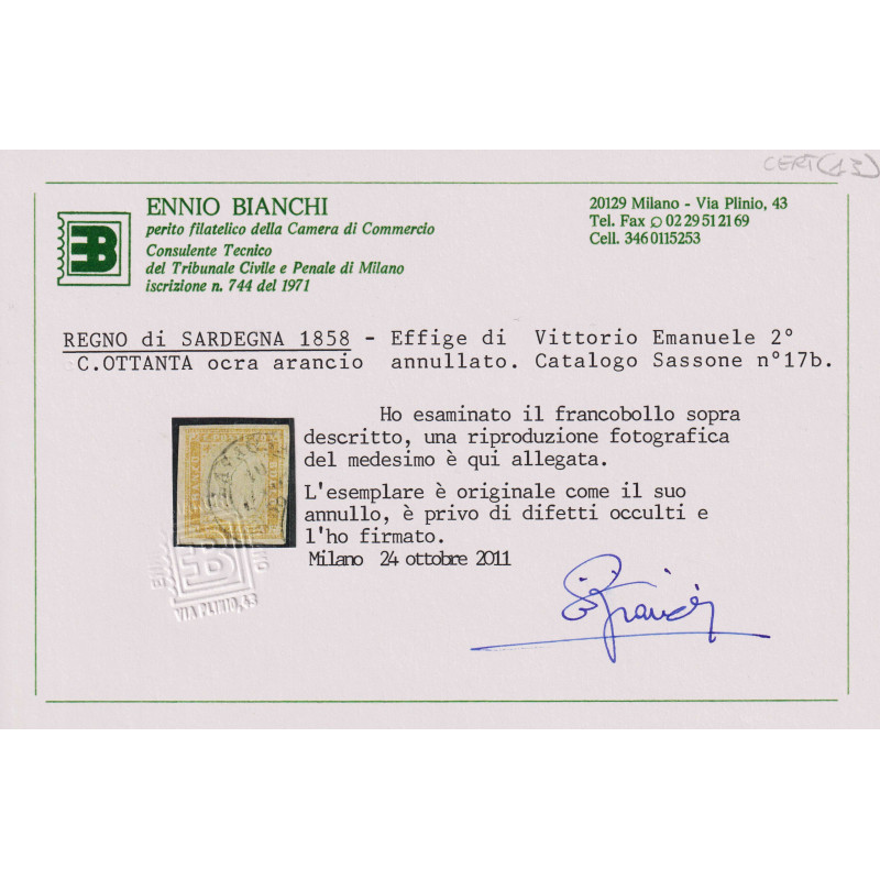 SARDEGNA 1858 80 CENTESIMI OCRA ARANCIO N.17b US. CERTIFICATO  | Fi...