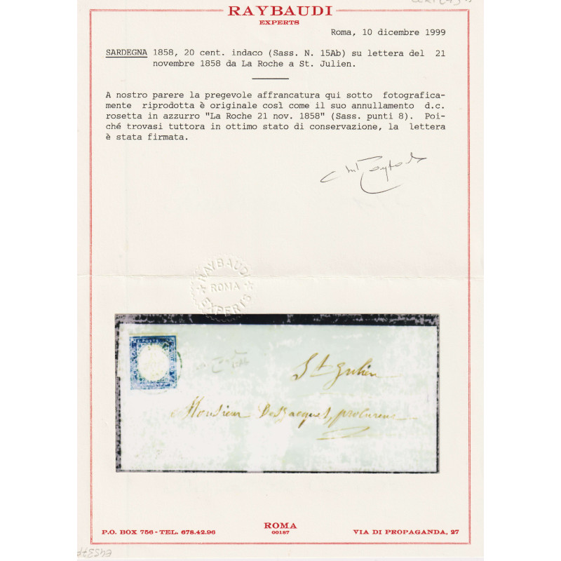 SARDEGNA 1857 20 CENTESIMI INDACO N.16Ab USATO SU BUSTA CERT.  | Fi...