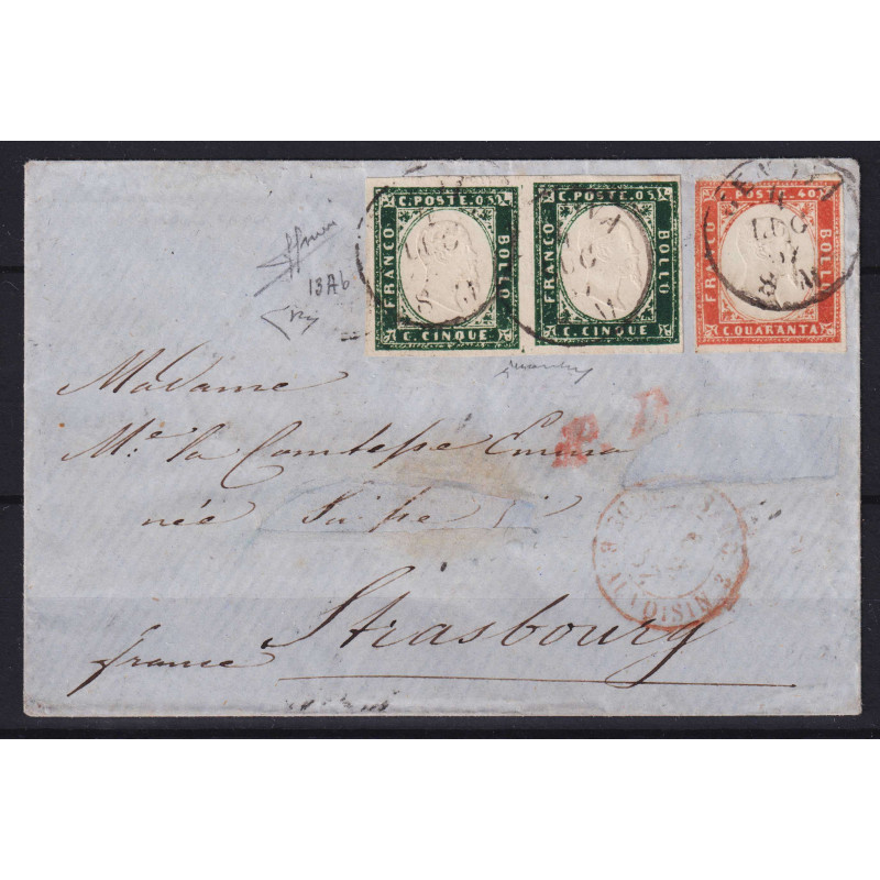 SARDEGNA 1857 BICOLORE COPPIA 5 C. MIRTO SCURO + 40 C. N.16A SU BUS...