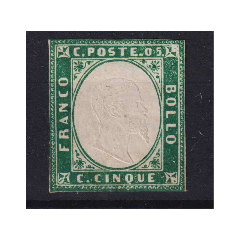 SARDEGNA 1855 5 CENTESIMI VERDE SMERALDO SCURO N.13f SENZA GOMMA CE...