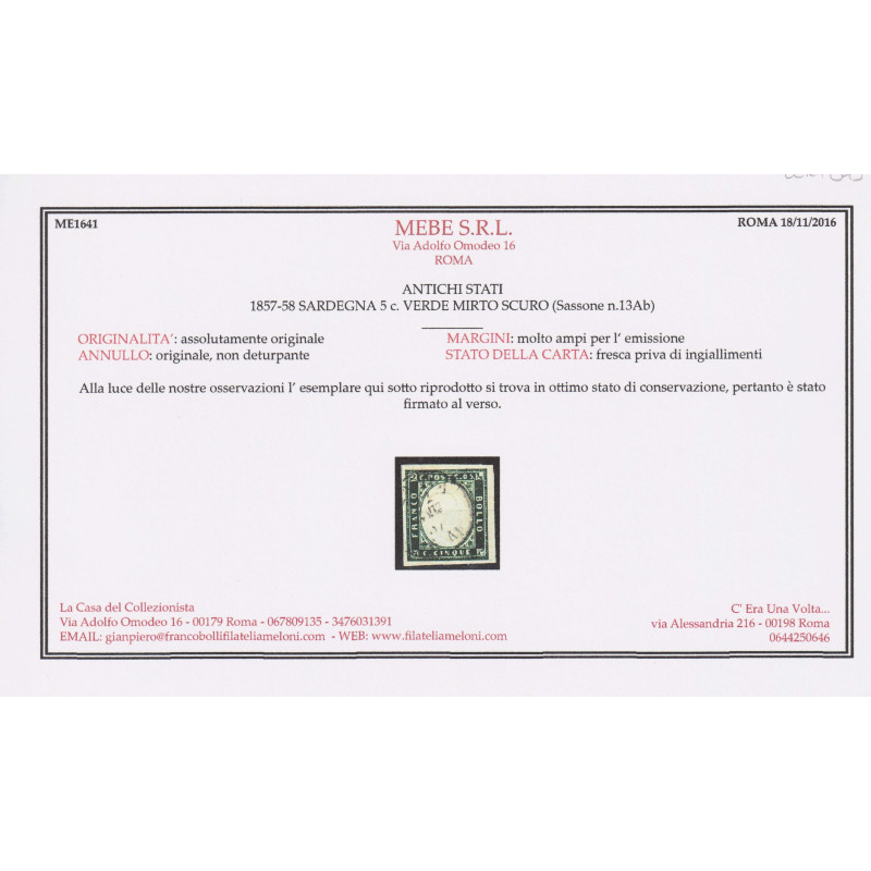 SARDEGNA 1857-58 5 CENTESIMI VERDE MIRTO SCURO N.13Ab USATO CERT.  ...