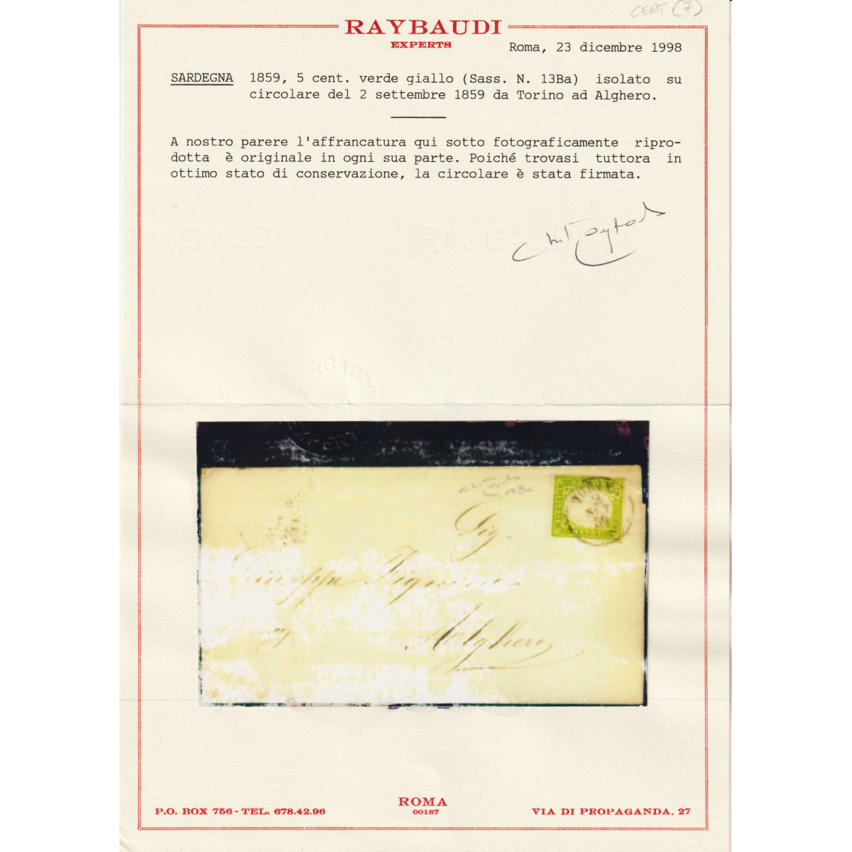 SARDEGNA 1859 5 CENTESIMI VERDE GIALLO N.13Ba USATO SU BUSTA CERT. ... SARDEGNA 1859 5 CENTESIMI VERDE GIALLO N.13Ba USATO SU BUSTA CERT. ...