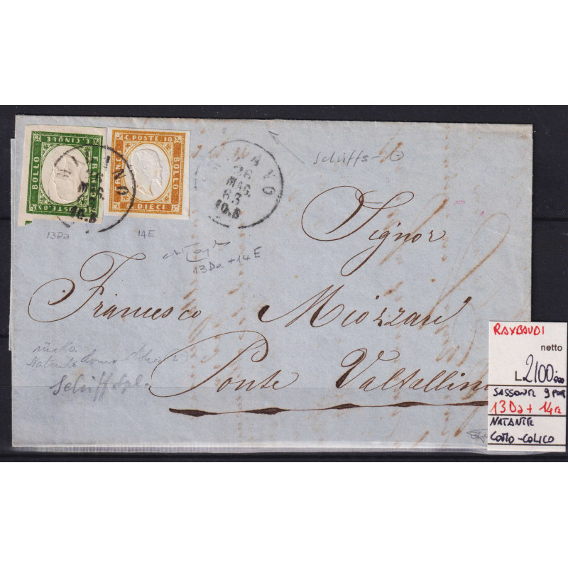 SARDEGNA 1862 5 CENTESIMI N.13Da + 10 CENTESIMI N.14E SU BUSTA  | F...