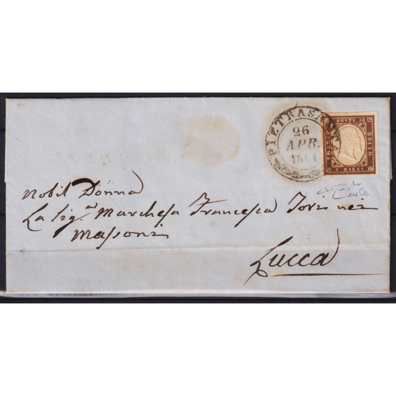 SARDEGNA 1861 10 CENTESIMI BRUNO CIOCCOLATO SCURO N.14Ce SU BUSTA C...
