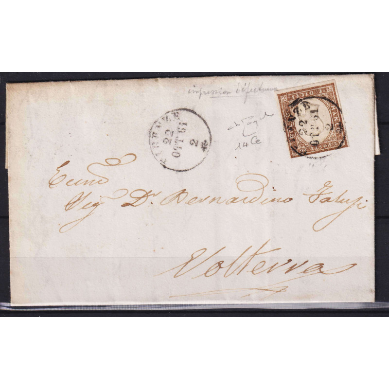 SARDEGNA 1861 10 CENTESIMI BRUNO CIOCCOLATO SCURO N.14Ce SU BUSTA C...