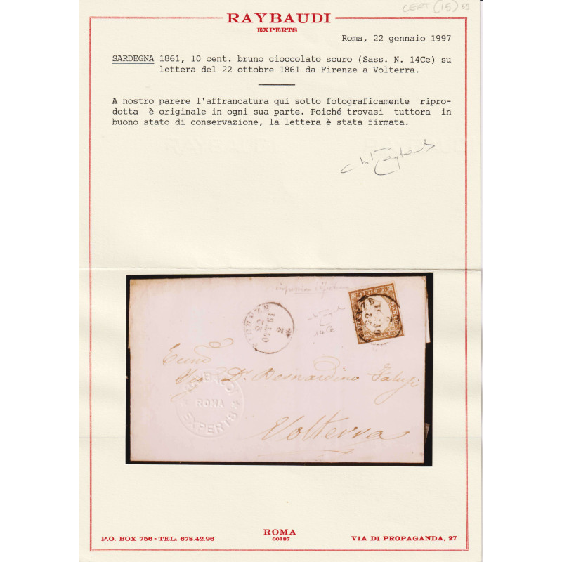 SARDEGNA 1861 10 CENTESIMI BRUNO CIOCCOLATO SCURO N.14Ce SU BUSTA C...