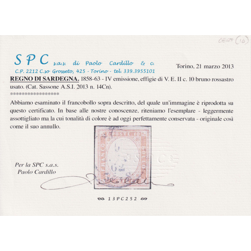 SARDEGNA 1861 10 CENTESIMI BRUNO ROSSASTRO N.14Cn USATO CERT.  | Fi...